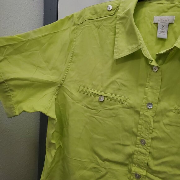 Chico's Women's Lime Green Modal Blend Shell Chip Short Sleeve Button Up Top 2 L - Picture 2 of 7